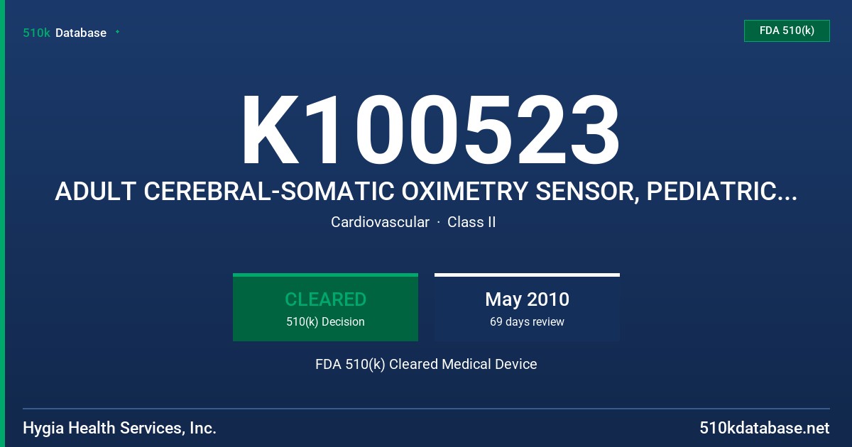 K100523 ADULT CEREBRAL-SOMATIC OXIMETRY SENSOR, PEDIATRIC CEREBRAL-SOMATIC OXIMETRY SENSOR MODEL HHS-SAFB-SM, HHS-SPFB-USA FDA 510(k) Cleared Medical Device
