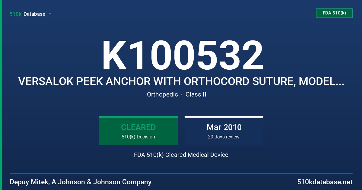 K100532 VERSALOK PEEK ANCHOR WITH ORTHOCORD SUTURE, MODELS 210818, 210819 FDA 510(k) Cleared Medical Device