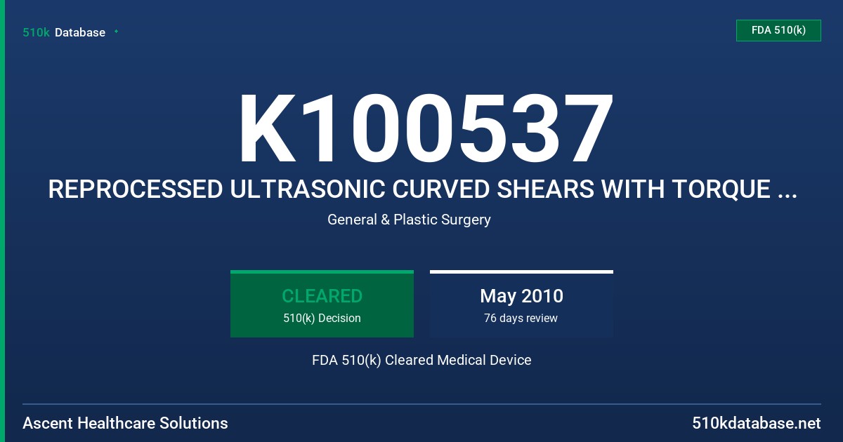 K100537 REPROCESSED ULTRASONIC CURVED SHEARS WITH TORQUE WRENCH AND GRIP ASSIST MODEL FCS9, TWBLUE, GABLUE FDA 510(k) Cleared Medical Device