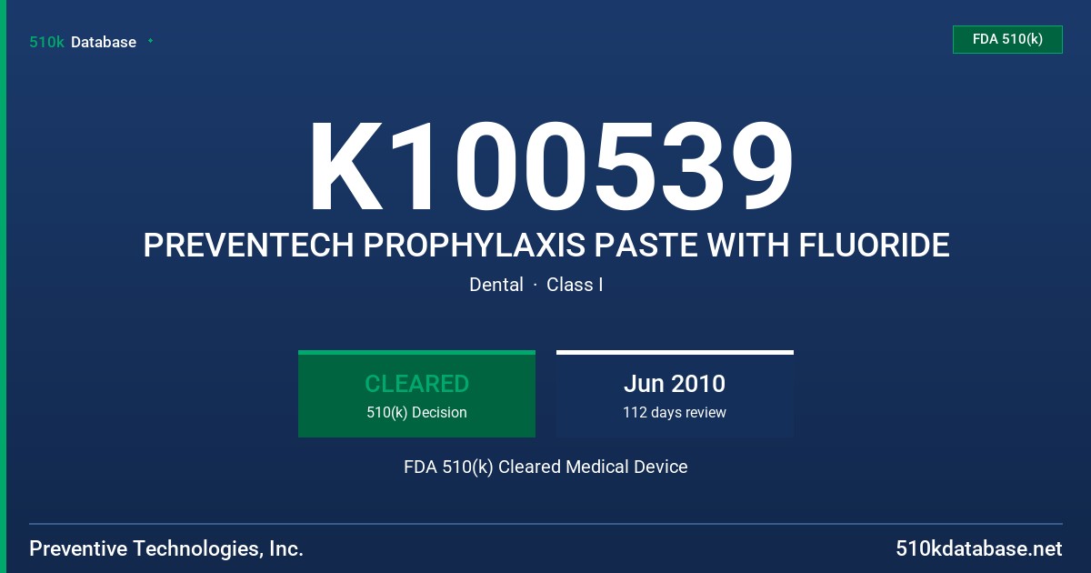 K100539 PREVENTECH PROPHYLAXIS PASTE WITH FLUORIDE FDA 510(k) Cleared Medical Device