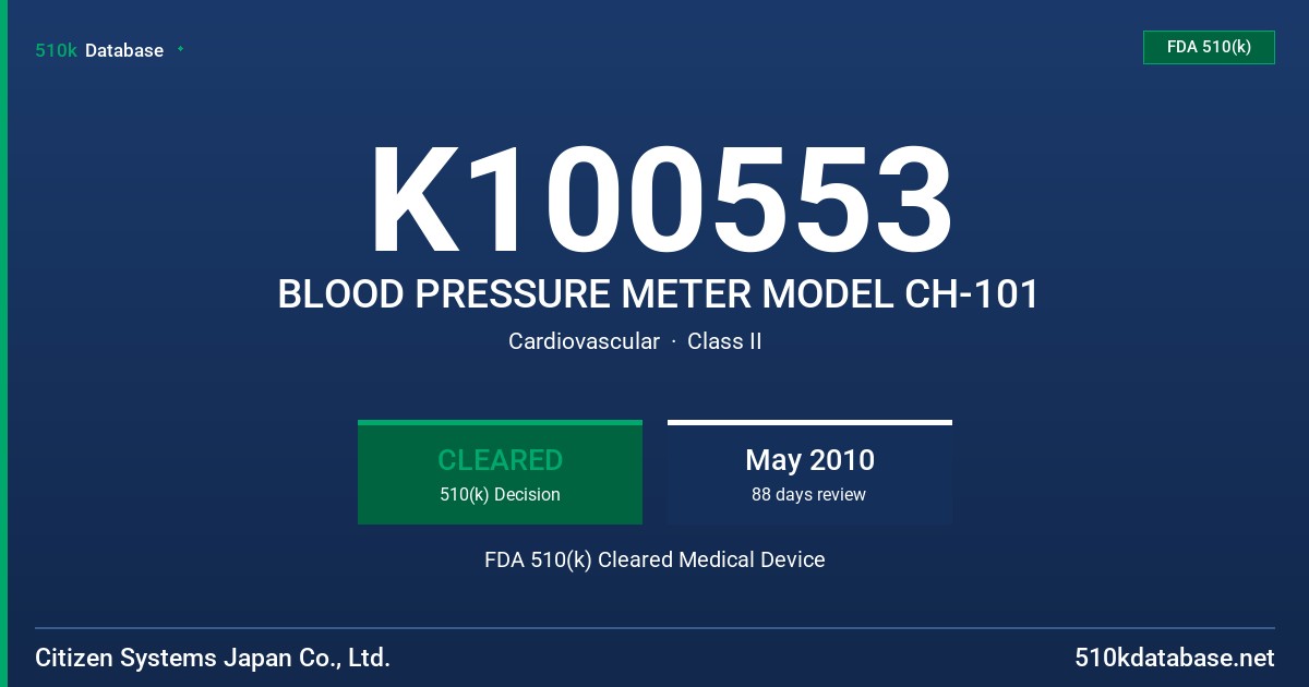 K100553 BLOOD PRESSURE METER MODEL CH-101 FDA 510(k) Cleared Medical Device