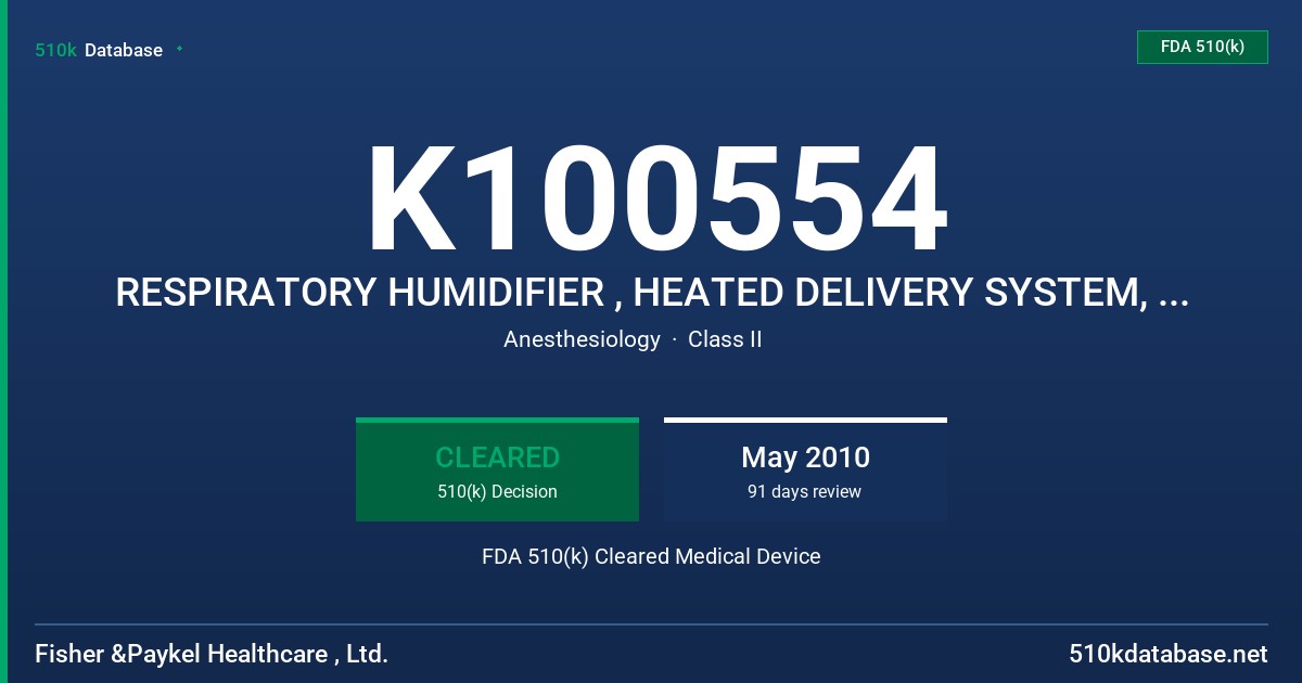 K100554 RESPIRATORY HUMIDIFIER , HEATED DELIVERY SYSTEM, ADAPTOR, MODELS MR880, RT241, 900MR441 FDA 510(k) Cleared Medical Device