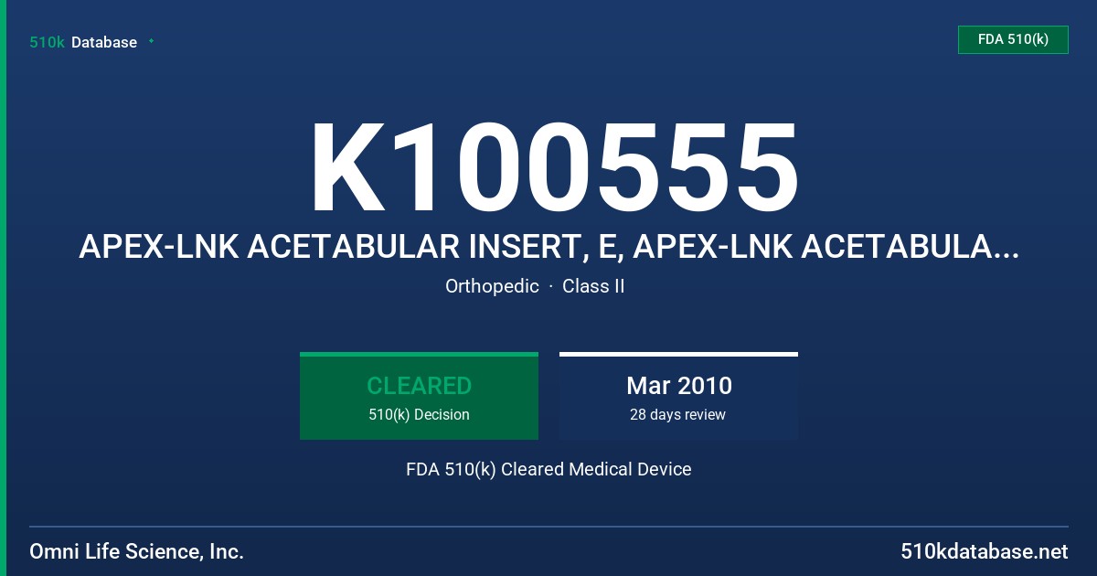K100555 APEX-LNK ACETABULAR INSERT, E, APEX-LNK ACETABULAR INSERT, F, APEX-LNK FDA 510(k) Cleared Medical Device