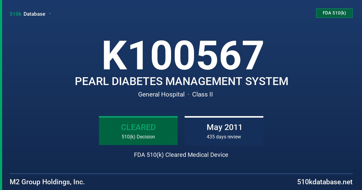 K100567 PEARL DIABETES MANAGEMENT SYSTEM FDA 510(k) Cleared Medical Device