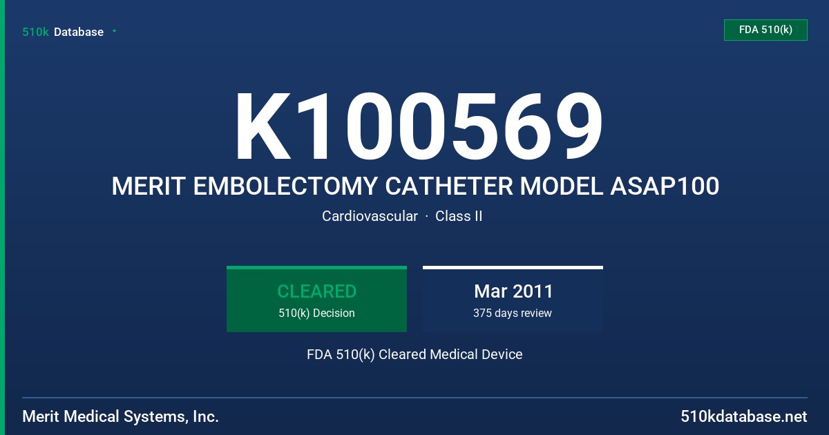 K100569 MERIT EMBOLECTOMY CATHETER MODEL ASAP100 FDA 510(k) Cleared Medical Device