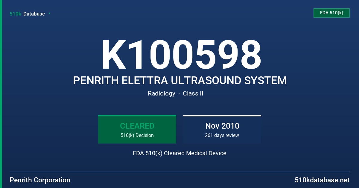 K100598 PENRITH ELETTRA ULTRASOUND SYSTEM FDA 510(k) Cleared Medical Device