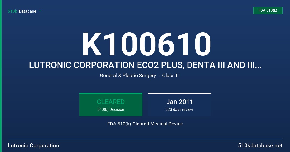 K100610 LUTRONIC CORPORATION ECO2 PLUS, DENTA III AND III+ AND SP III LASER SYSTEMS FDA 510(k) Cleared Medical Device