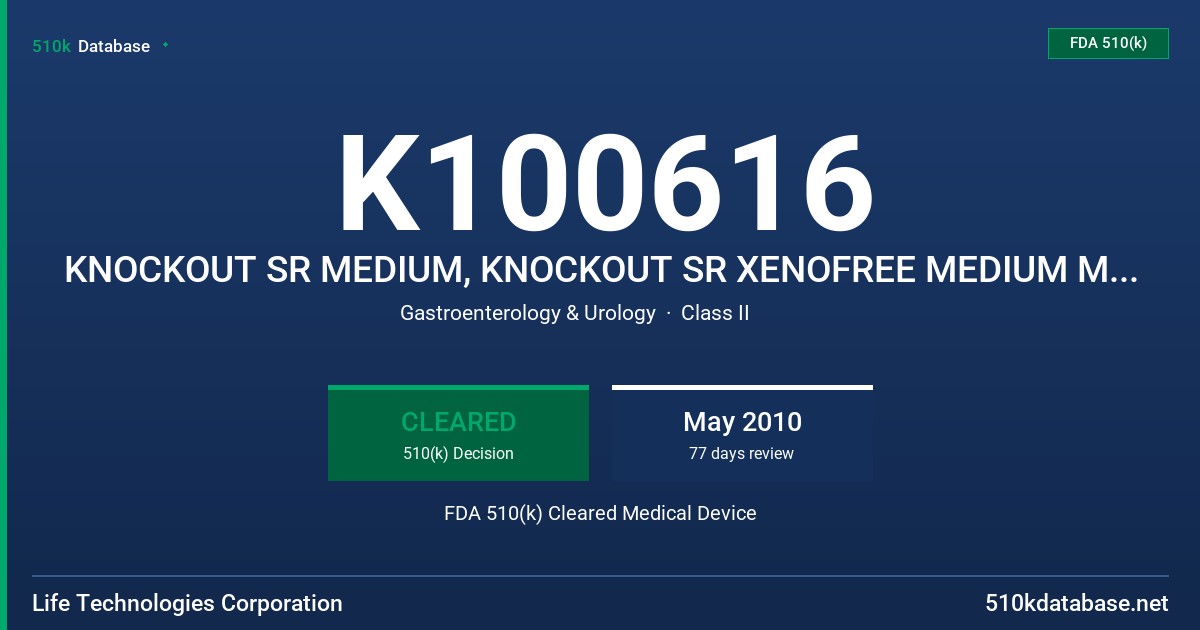 K100616 KNOCKOUT SR MEDIUM, KNOCKOUT SR XENOFREE MEDIUM MODEL 10828, 12618 FDA 510(k) Cleared Medical Device