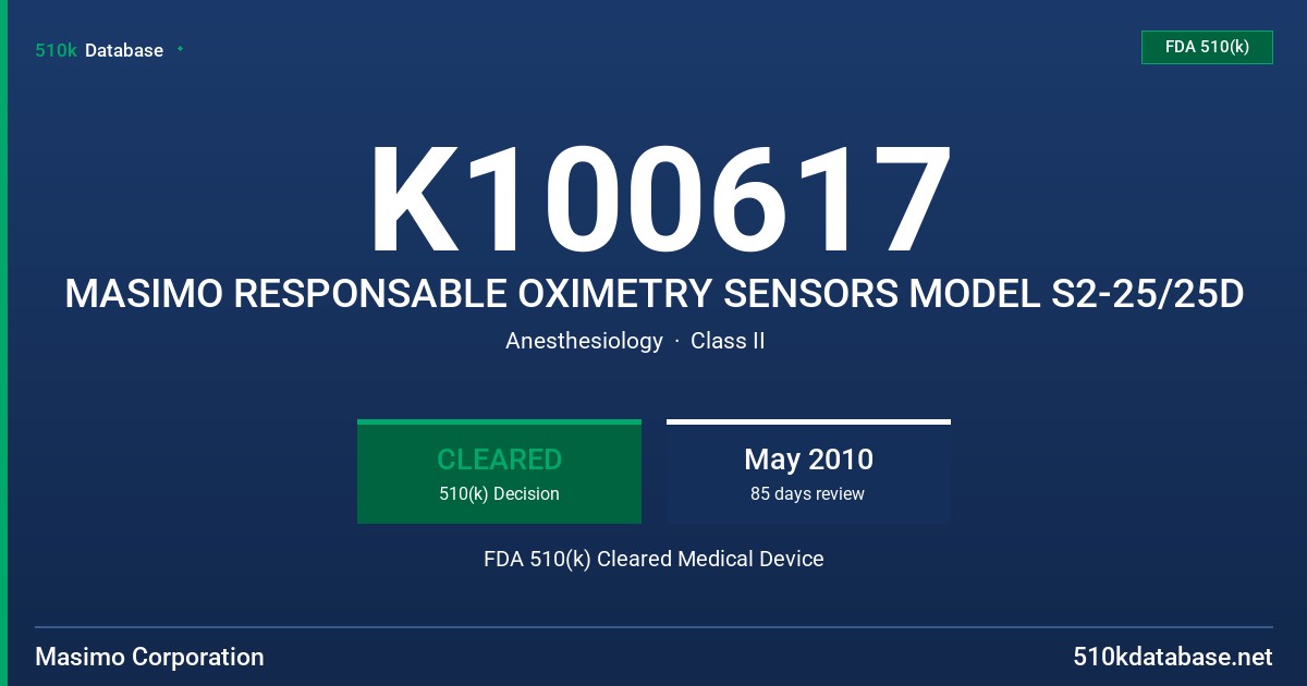K100617 MASIMO RESPONSABLE OXIMETRY SENSORS MODEL S2-25/25D FDA 510(k) Cleared Medical Device