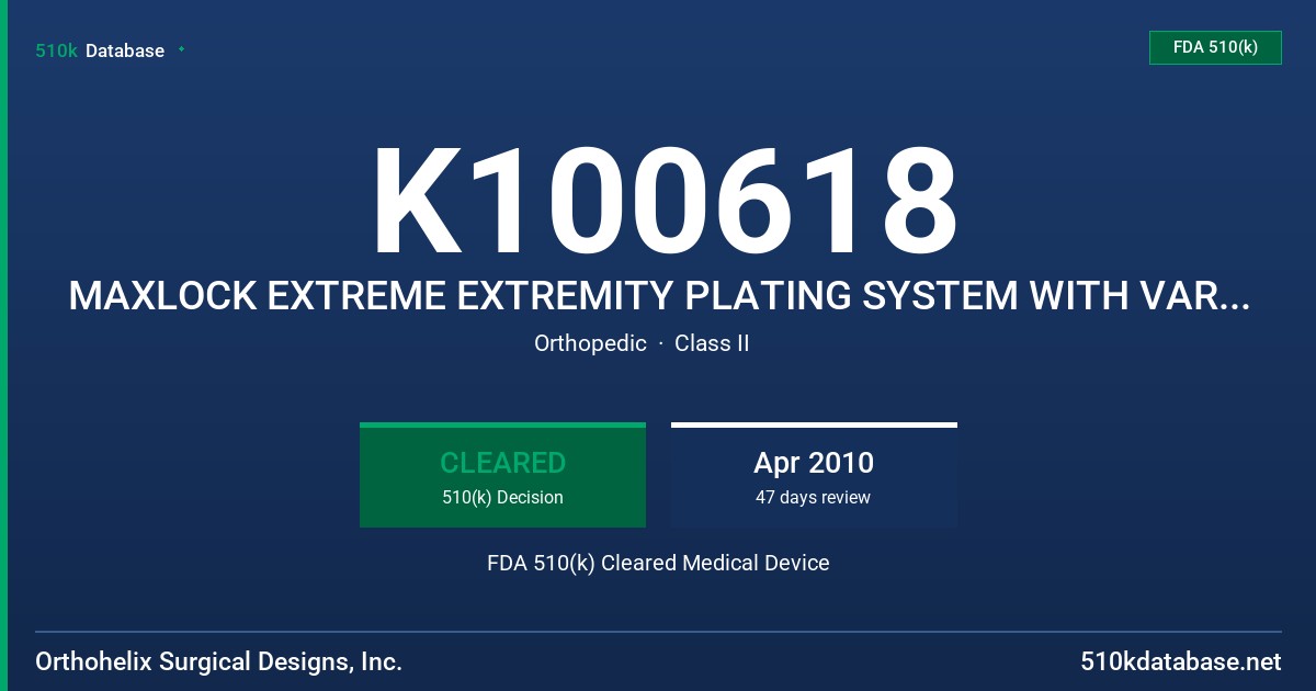 K100618 MAXLOCK EXTREME EXTREMITY PLATING SYSTEM WITH VARIABLE ANGLE TECHNOLOGY FDA 510(k) Cleared Medical Device