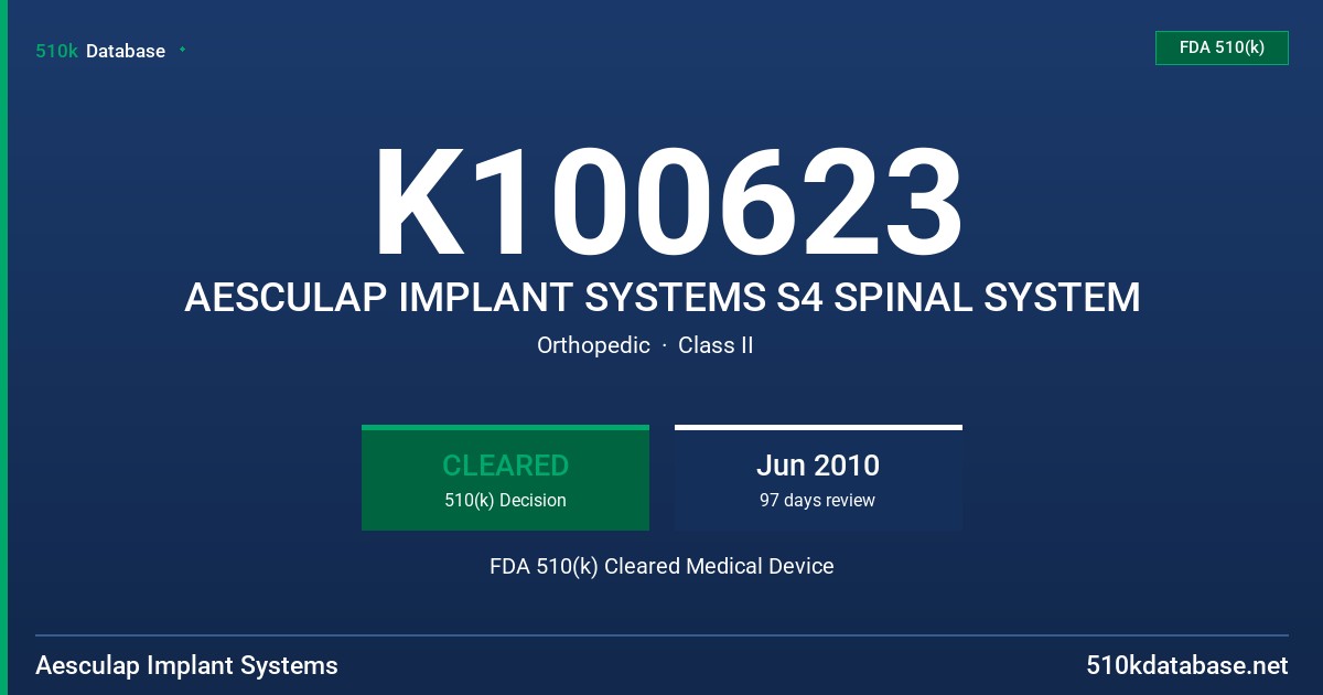 K100623 AESCULAP IMPLANT SYSTEMS S4 SPINAL SYSTEM FDA 510(k) Cleared Medical Device