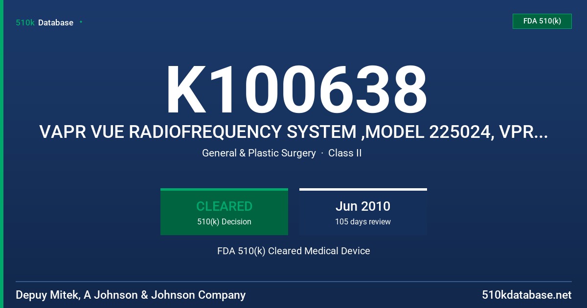 K100638 VAPR VUE RADIOFREQUENCY SYSTEM ,MODEL 225024, VPR VUE WIRELESS FOOTSWITCH, MODEL 227214 FDA 510(k) Cleared Medical Device