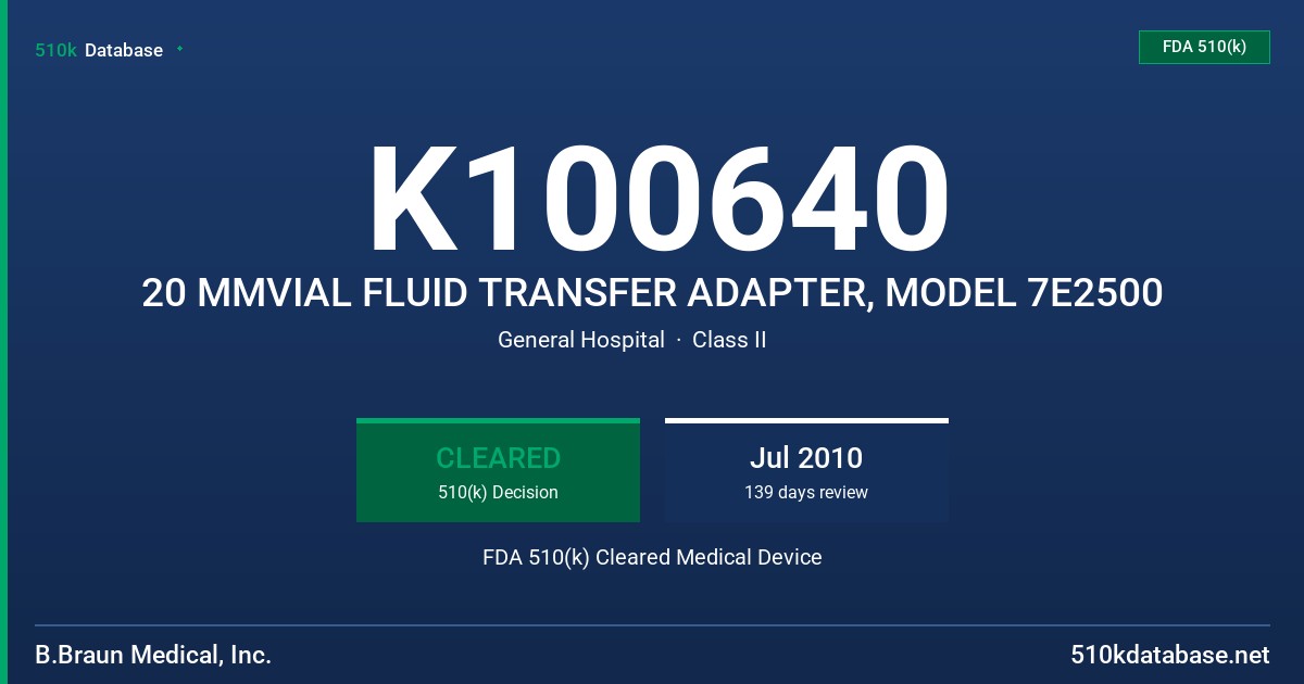 K100640 20 MMVIAL FLUID TRANSFER ADAPTER, MODEL 7E2500 FDA 510(k) Cleared Medical Device