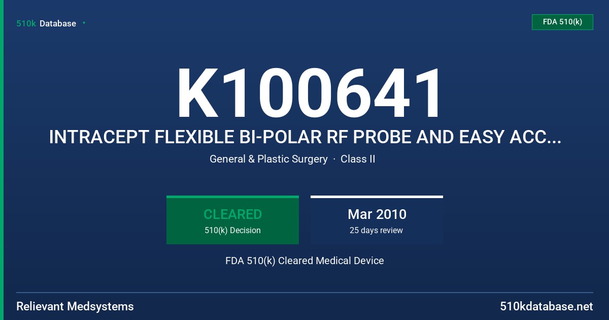 K100641 INTRACEPT FLEXIBLE BI-POLAR RF PROBE AND EASY ACCESS INSTRUMENT SET, MODEL FG0018 (PROBE), FG0036 (INSTRUMENT SET) FDA 510(k) Cleared Medical Device