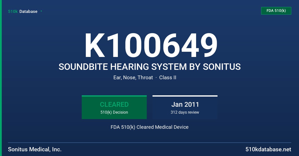 K100649 SOUNDBITE HEARING SYSTEM BY SONITUS FDA 510(k) Cleared Medical Device