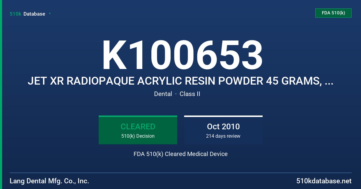 K100653 JET XR RADIOPAQUE ACRYLIC RESIN POWDER 45 GRAMS, JET XR RADIOPAQUE ACRYLIC RESIN POWDER 100 GRAMS, JET LIQUID 118 ML MOD FDA 510(k) Cleared Medical Device