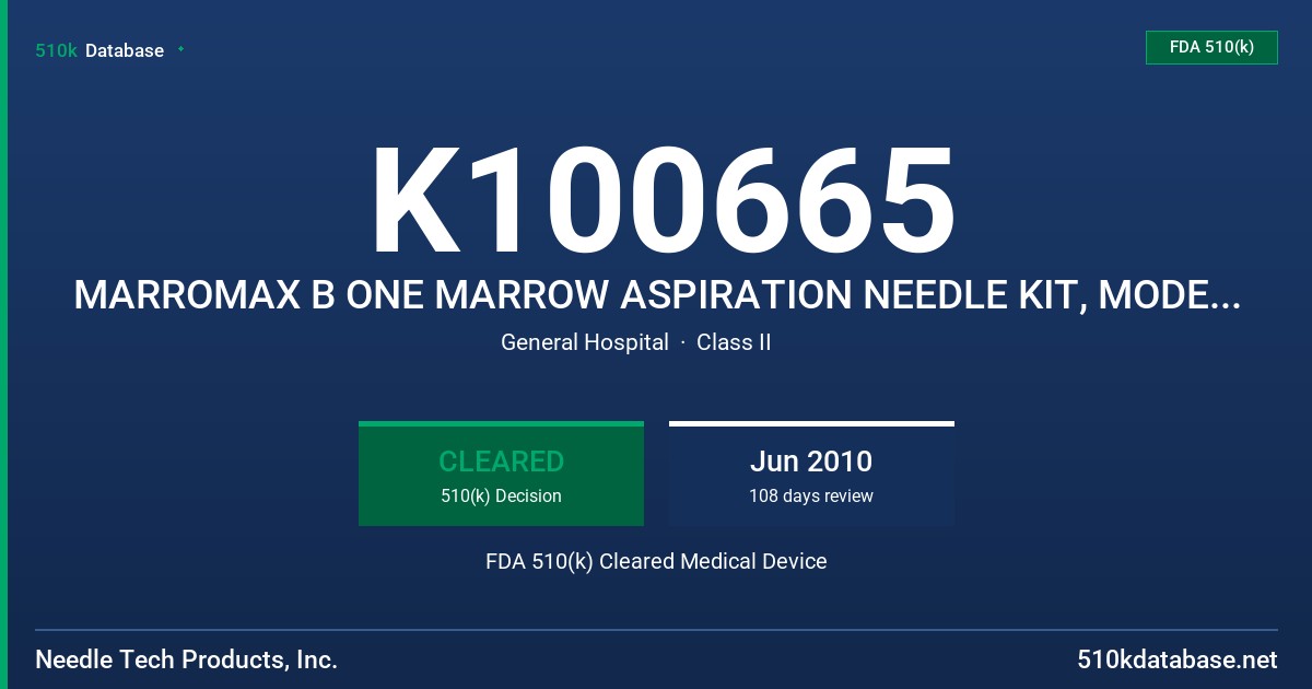 K100665 MARROMAX B ONE MARROW ASPIRATION NEEDLE KIT, MODELS 50083-XX, 50084-XX FDA 510(k) Cleared Medical Device