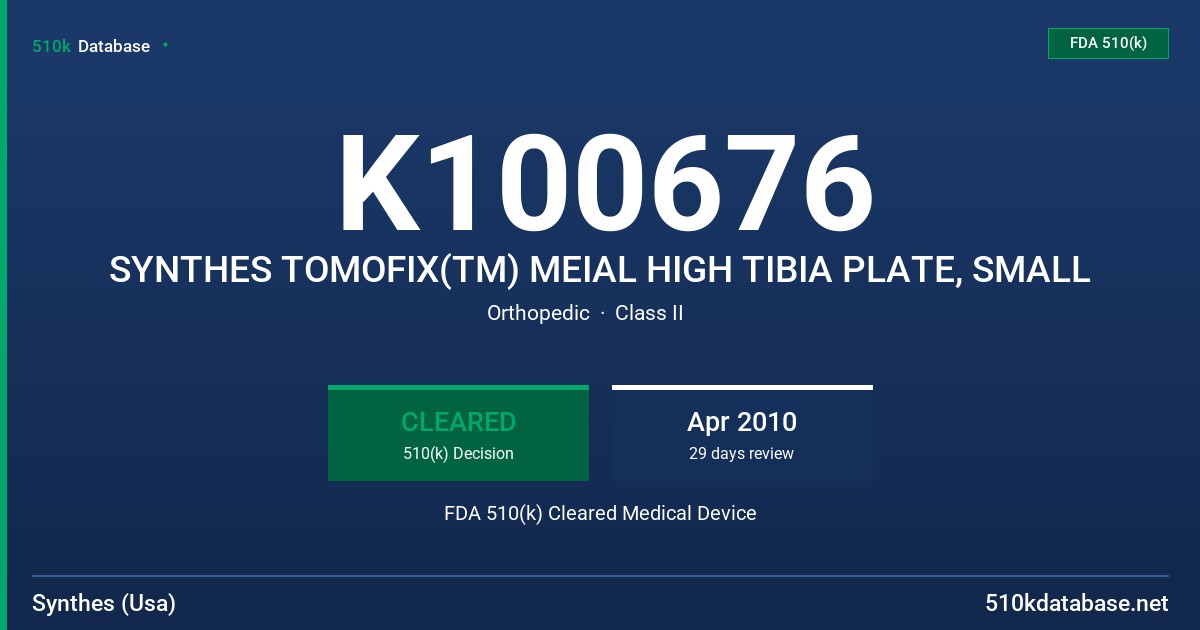 K100676 SYNTHES TOMOFIX(TM) MEIAL HIGH TIBIA PLATE, SMALL FDA 510(k) Cleared Medical Device