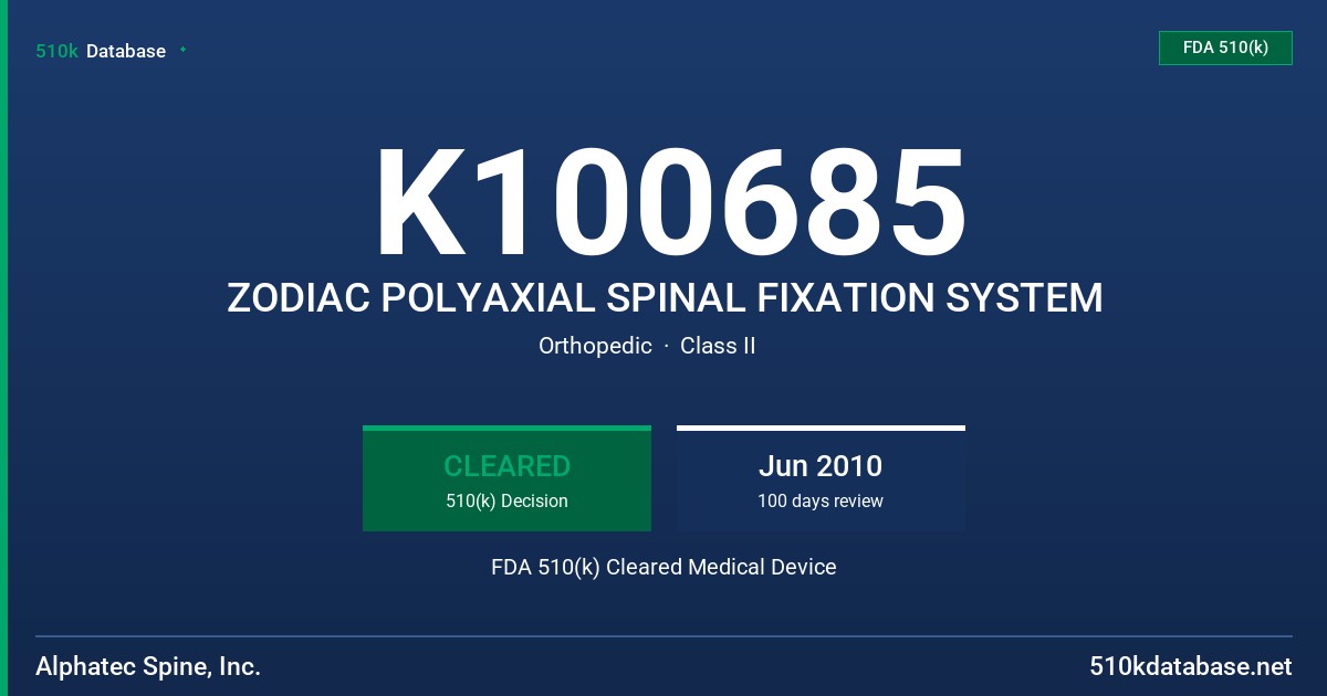 K100685 ZODIAC POLYAXIAL SPINAL FIXATION SYSTEM FDA 510(k) Cleared Medical Device