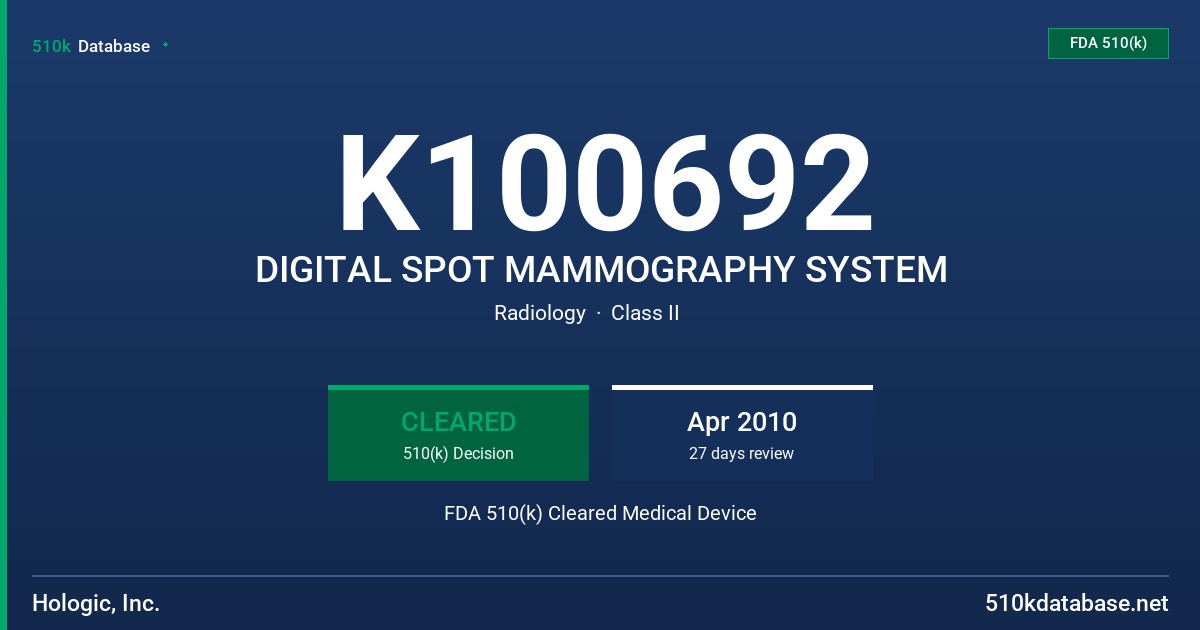 K100692 DIGITAL SPOT MAMMOGRAPHY SYSTEM FDA 510(k) Cleared Medical Device