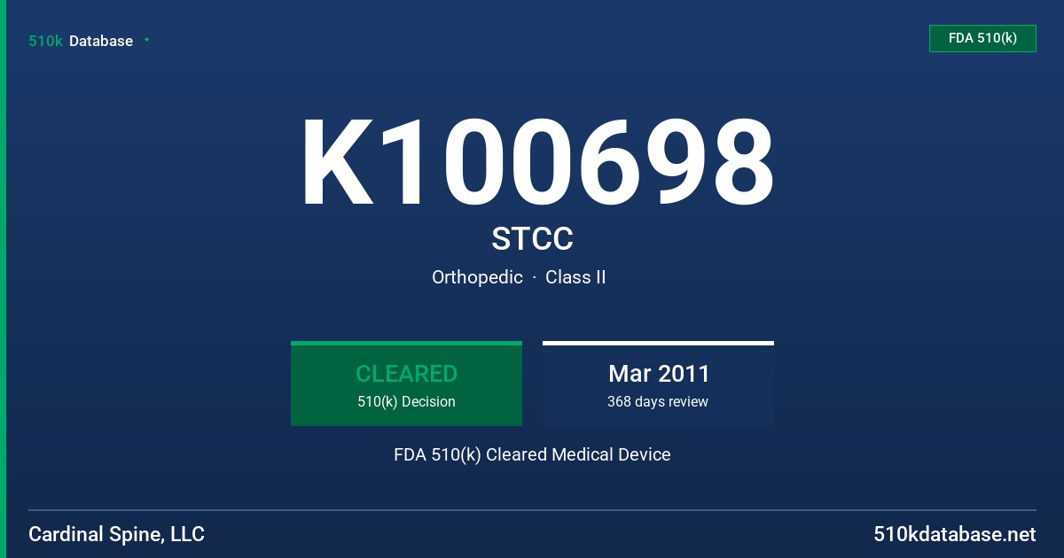 K100698 STCC FDA 510(k) Cleared Medical Device