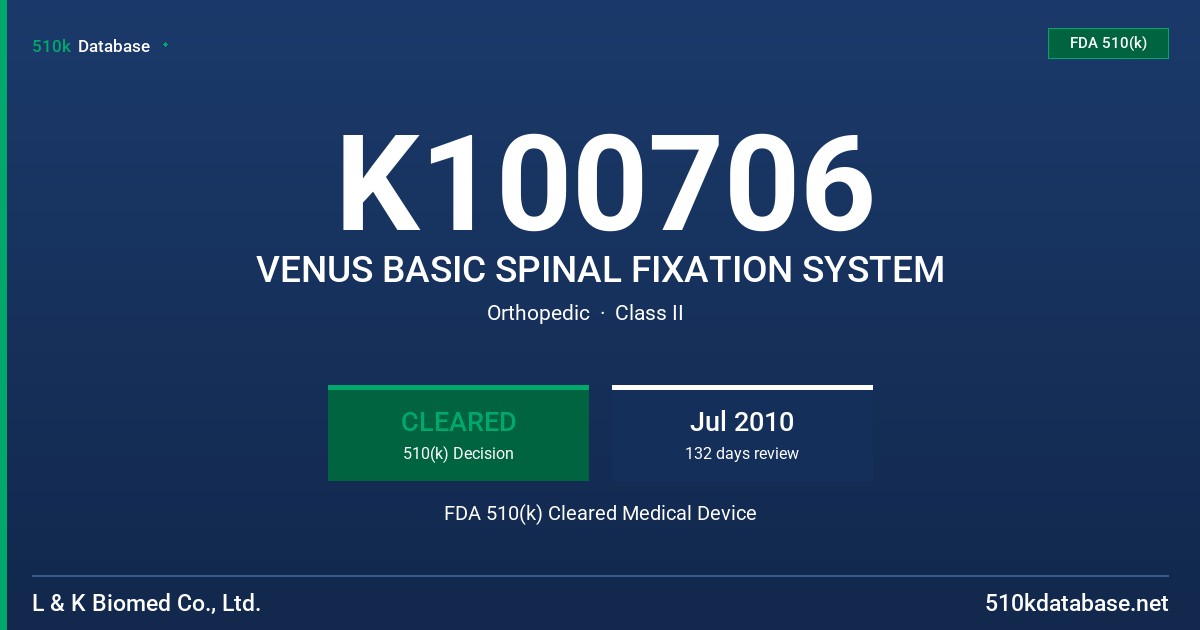K100706 VENUS BASIC SPINAL FIXATION SYSTEM FDA 510(k) Cleared Medical Device