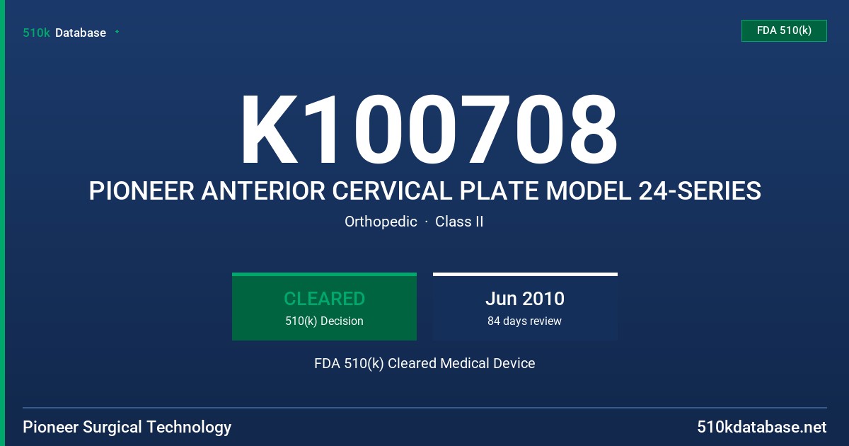K100708 PIONEER ANTERIOR CERVICAL PLATE MODEL 24-SERIES FDA 510(k) Cleared Medical Device