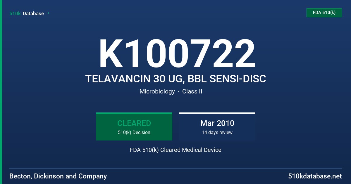 K100722 TELAVANCIN 30 UG, BBL SENSI-DISC FDA 510(k) Cleared Medical Device