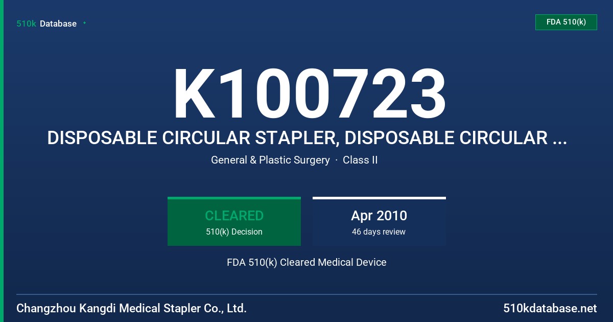 K100723 DISPOSABLE CIRCULAR STAPLER, DISPOSABLE CIRCULAR STAPLER MODEL KYGW-25.5, KYGW-28.5 FDA 510(k) Cleared Medical Device