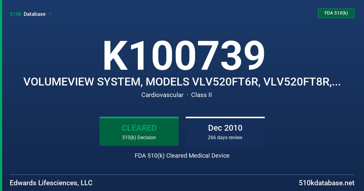 K100739 VOLUMEVIEW SYSTEM, MODELS VLV520FT6R, VLV520FT8R, VLV520FT6R5 FDA 510(k) Cleared Medical Device