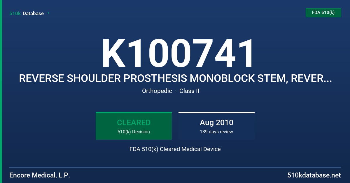 K100741 REVERSE SHOULDER PROSTHESIS MONOBLOCK STEM, REVERSE SHOULDER PROSTHESIS HUMERAL INSERTS, MODEL 510-00-006/012 FDA 510(k) Cleared Medical Device