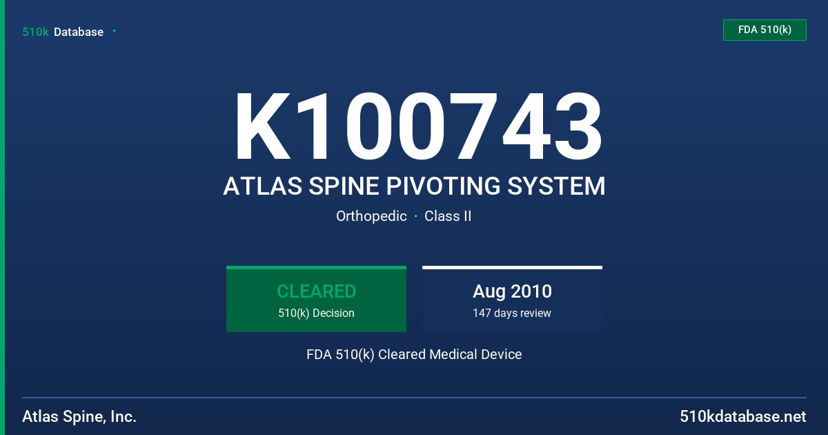 K100743 ATLAS SPINE PIVOTING SYSTEM FDA 510(k) Cleared Medical Device