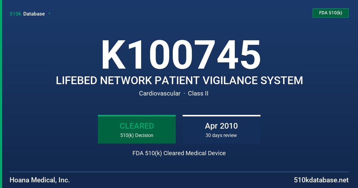 K100745 LIFEBED NETWORK PATIENT VIGILANCE SYSTEM FDA 510(k) Cleared Medical Device