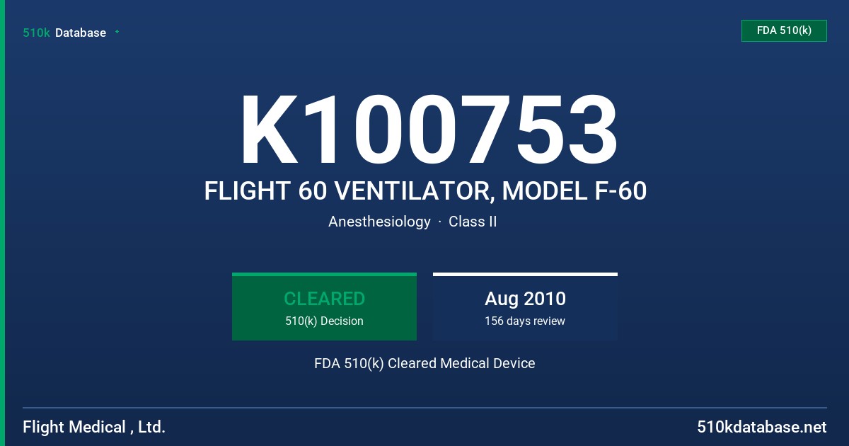 K100753 FLIGHT 60 VENTILATOR, MODEL F-60 FDA 510(k) Cleared Medical Device