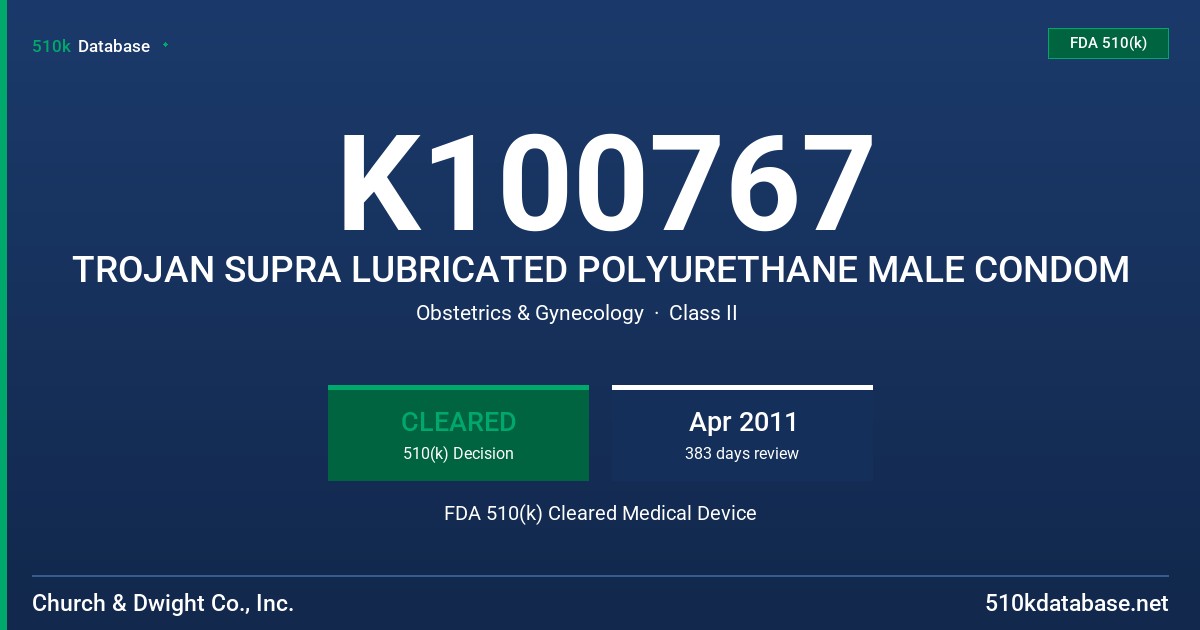 K100767 TROJAN SUPRA LUBRICATED POLYURETHANE MALE CONDOM FDA 510(k) Cleared Medical Device