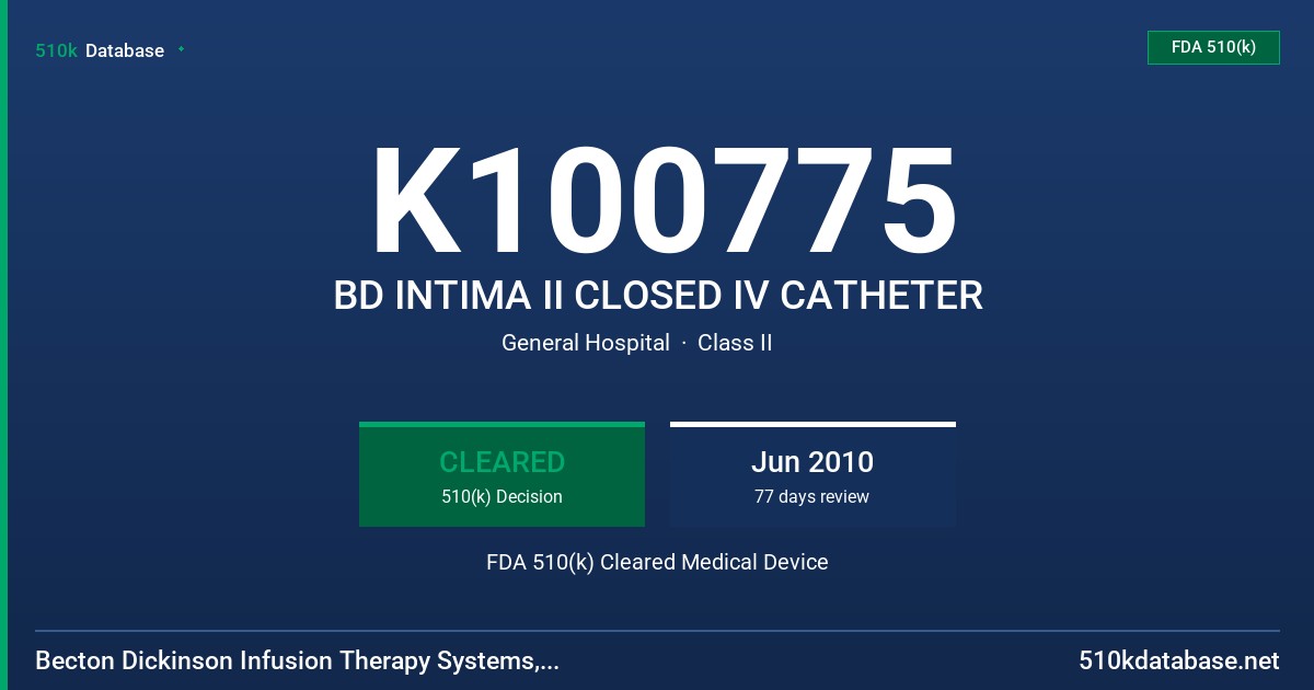 K100775 BD INTIMA II CLOSED IV CATHETER FDA 510(k) Cleared Medical Device