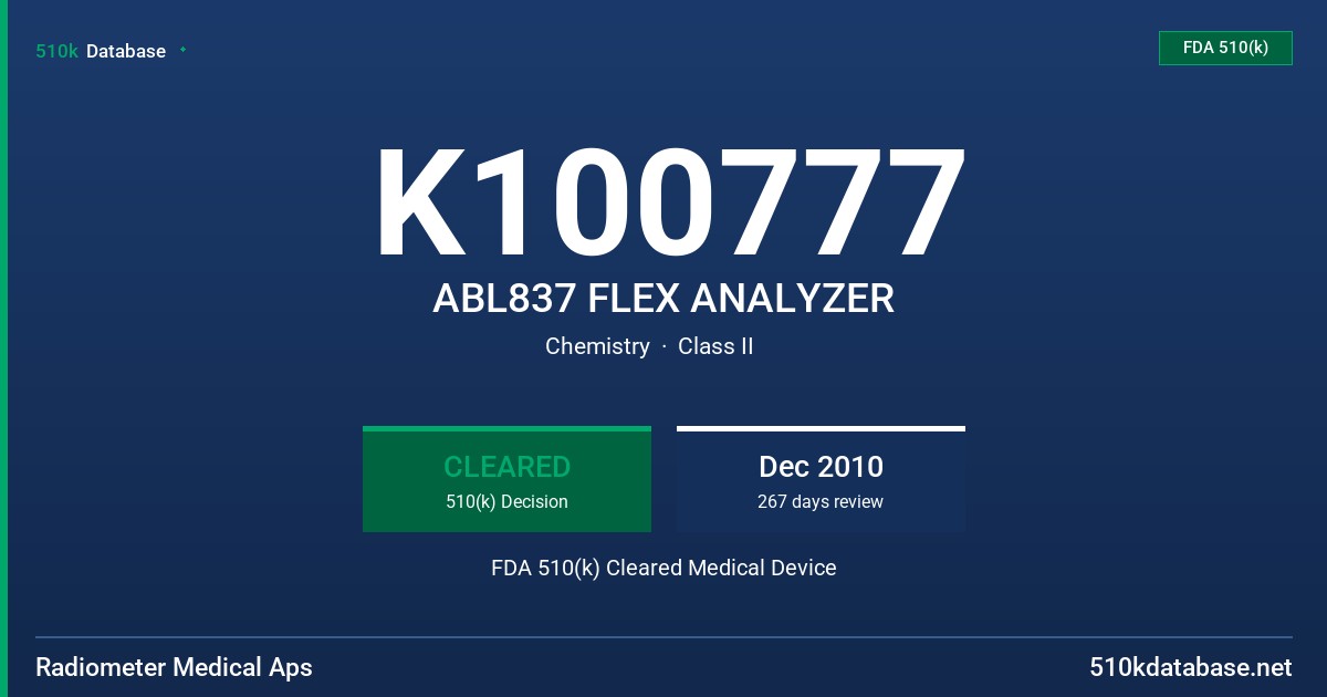 K100777 ABL837 FLEX ANALYZER FDA 510(k) Cleared Medical Device