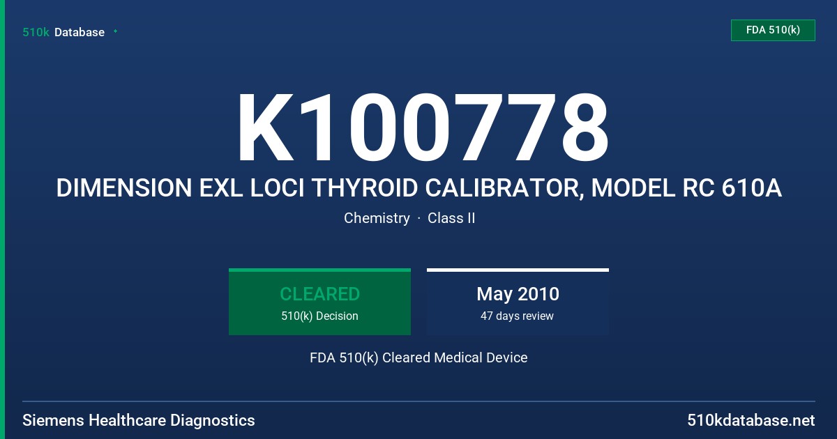 K100778 DIMENSION EXL LOCI THYROID CALIBRATOR, MODEL RC 610A FDA 510(k) Cleared Medical Device