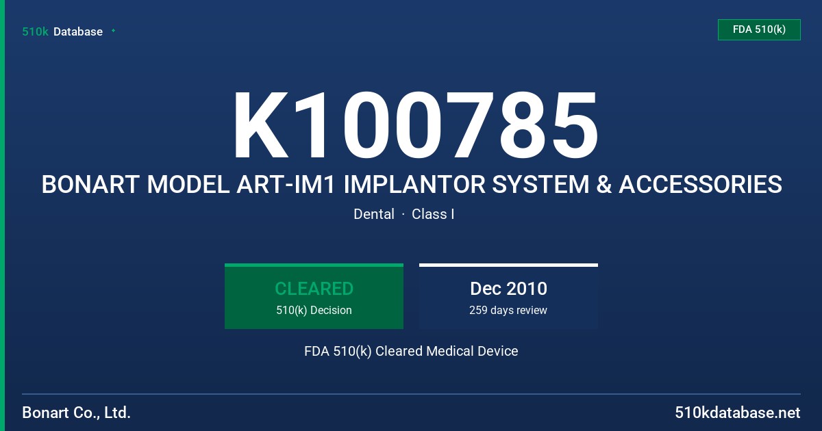 K100785 BONART MODEL ART-IM1 IMPLANTOR SYSTEM & ACCESSORIES FDA 510(k) Cleared Medical Device