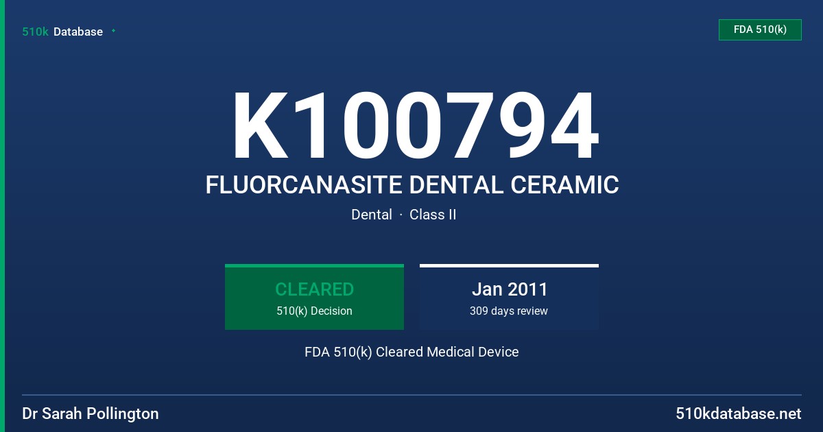 K100794 FLUORCANASITE DENTAL CERAMIC FDA 510(k) Cleared Medical Device