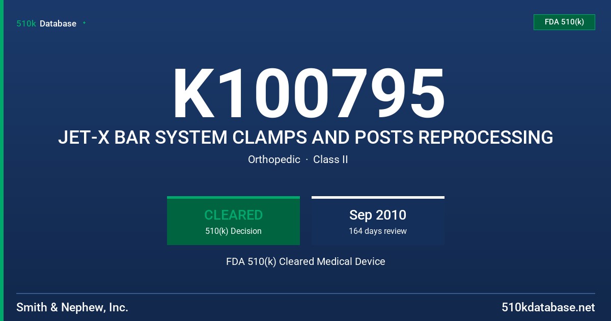 K100795 JET-X BAR SYSTEM CLAMPS AND POSTS REPROCESSING FDA 510(k) Cleared Medical Device