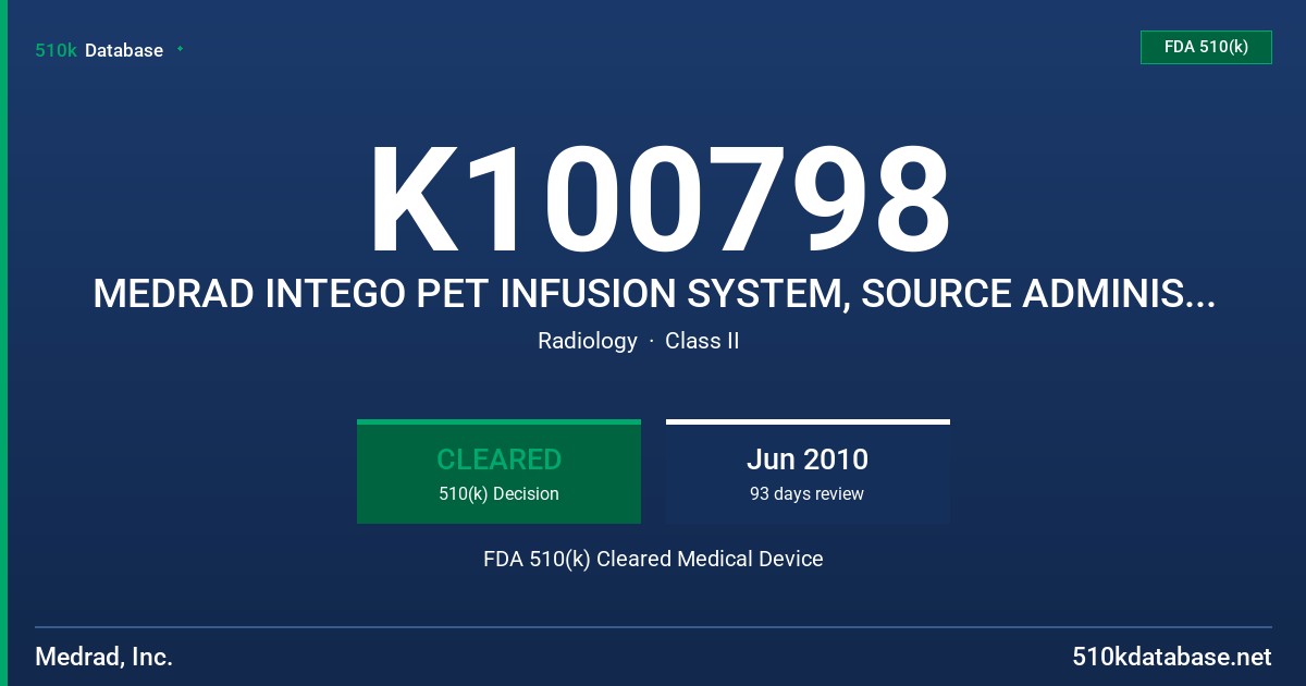 K100798 MEDRAD INTEGO PET INFUSION SYSTEM, SOURCE ADMINISTRATION SET, PATIENT ADMINSTRATIN SET MODEL INT SYS 100, INT CSS, INT C FDA 510(k) Cleared Medical Device