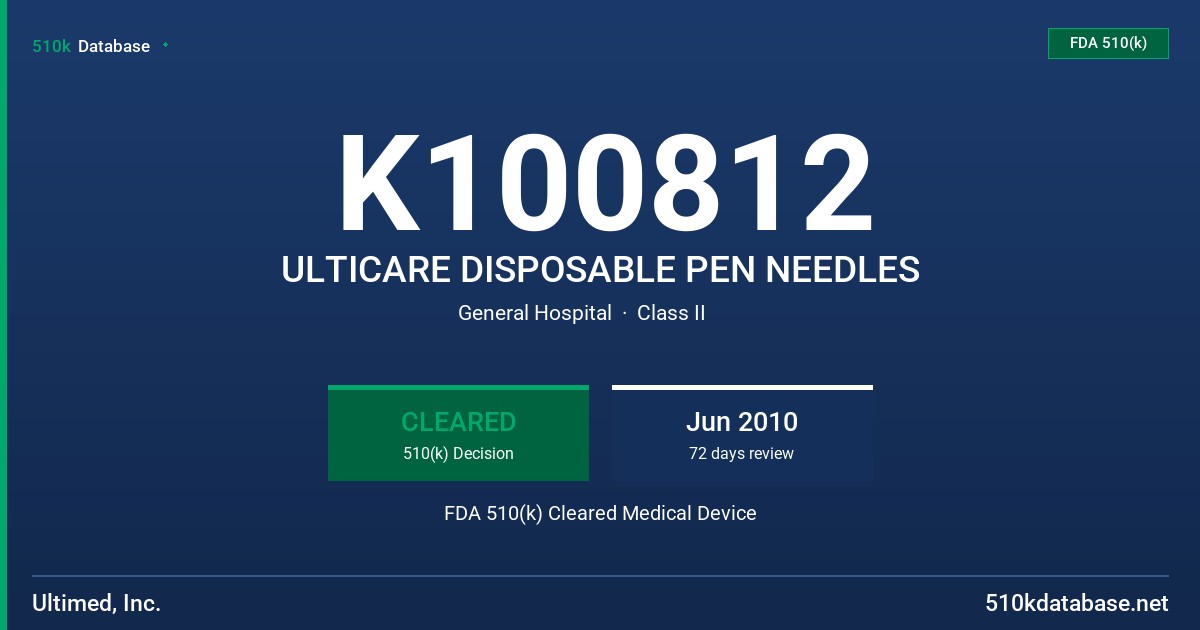 K100812 ULTICARE DISPOSABLE PEN NEEDLES FDA 510(k) Cleared Medical Device