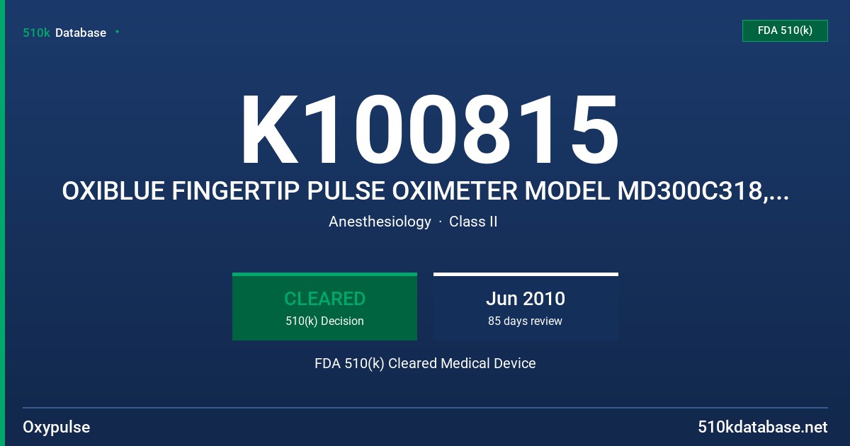 K100815 OXIBLUE FINGERTIP PULSE OXIMETER MODEL MD300C318, OXIPRO FINGERTIP PULSE OXIMETER MODEL MD300C316 FDA 510(k) Cleared Medical Device