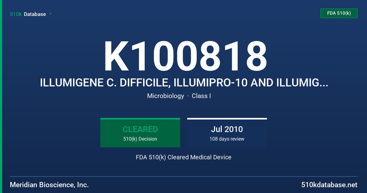 K100818 ILLUMIGENE C. DIFFICILE, ILLUMIPRO-10 AND ILLUMIGENE C. DIFFICILE EXTERNAL CONTROL KIT, MODELS 280050, 610172, 279920 FDA 510(k) Cleared Medical Device