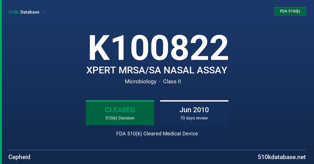 K100822 XPERT MRSA/SA NASAL ASSAY FDA 510(k) Cleared Medical Device