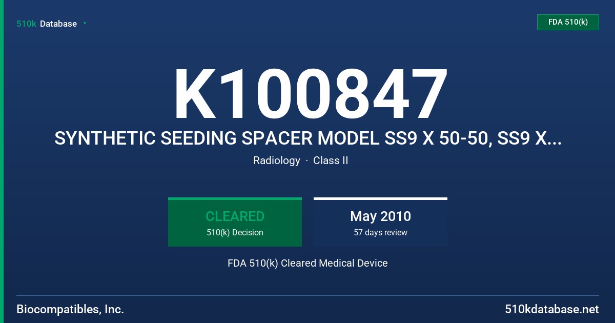 K100847 SYNTHETIC SEEDING SPACER MODEL SS9 X 50-50, SS9 X 55-50, SS9 X 55-150, SS9 X 1CM-30 FDA 510(k) Cleared Medical Device