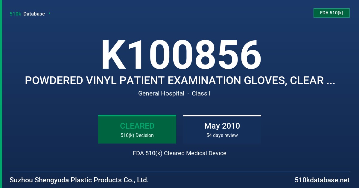 K100856 POWDERED VINYL PATIENT EXAMINATION GLOVES, CLEAR (NON-COLORED) FDA 510(k) Cleared Medical Device