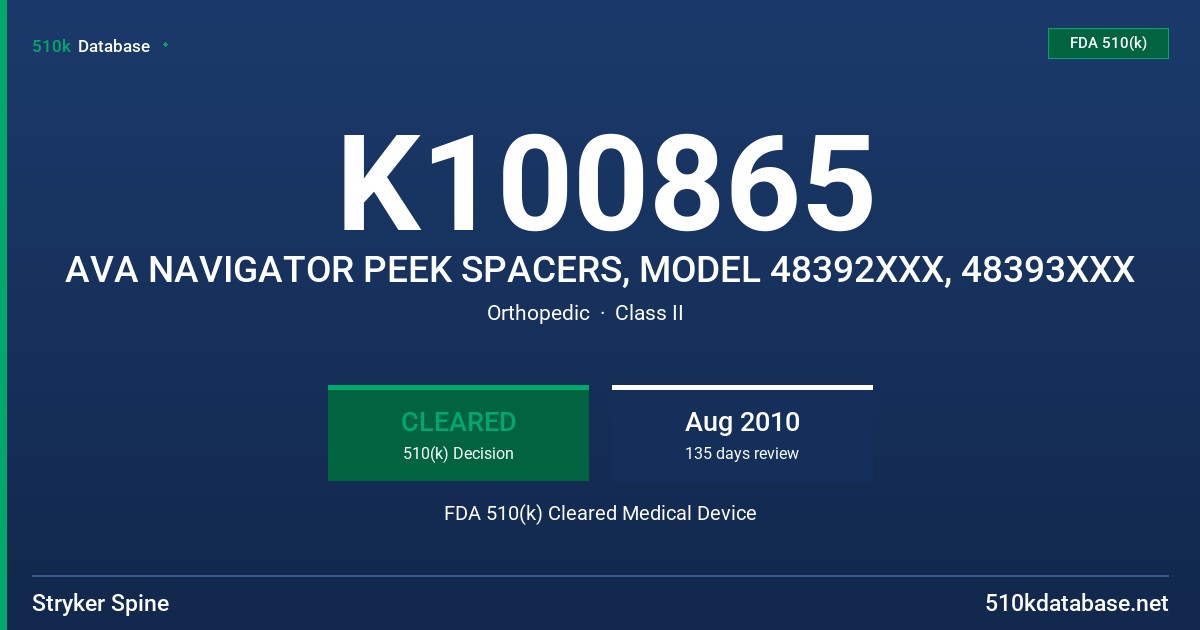 K100865 AVA NAVIGATOR PEEK SPACERS, MODEL 48392XXX, 48393XXX FDA 510(k) Cleared Medical Device