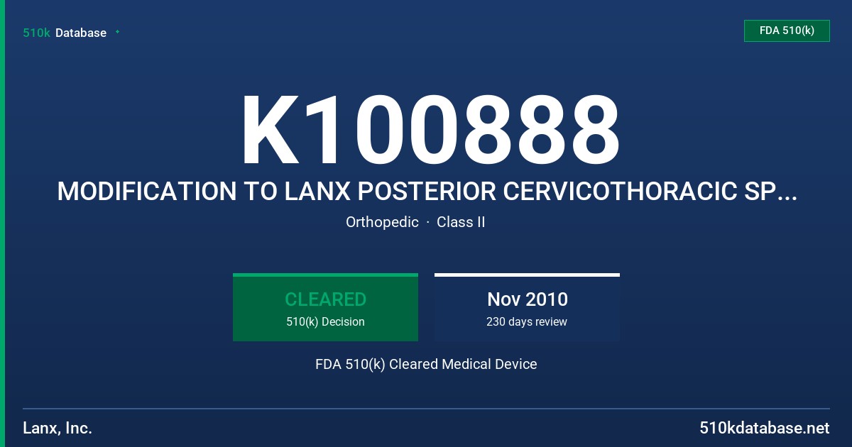 K100888 MODIFICATION TO LANX POSTERIOR CERVICOTHORACIC SPINAL FIXATION SYSTEM FDA 510(k) Cleared Medical Device